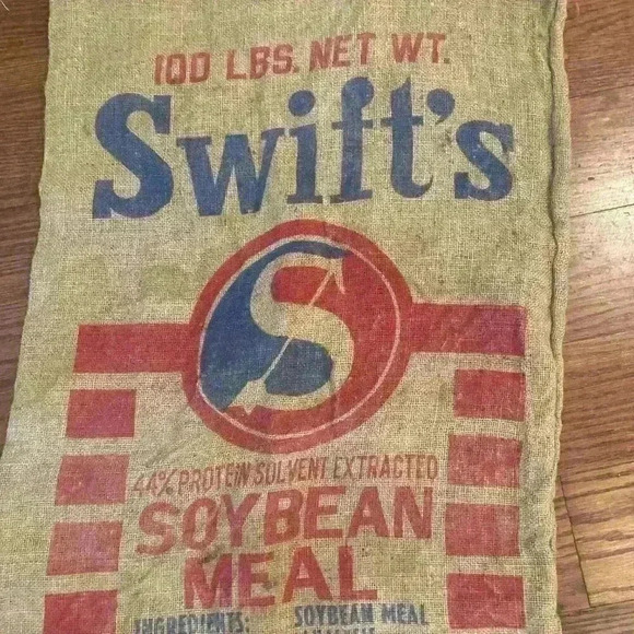ANTIQUE SWIFT'S SOYBEAN MEAL CHICAGO IL 100 LBS LARGE BURLAP FEED SACK FARMHOUSE - Picture 3 of 9